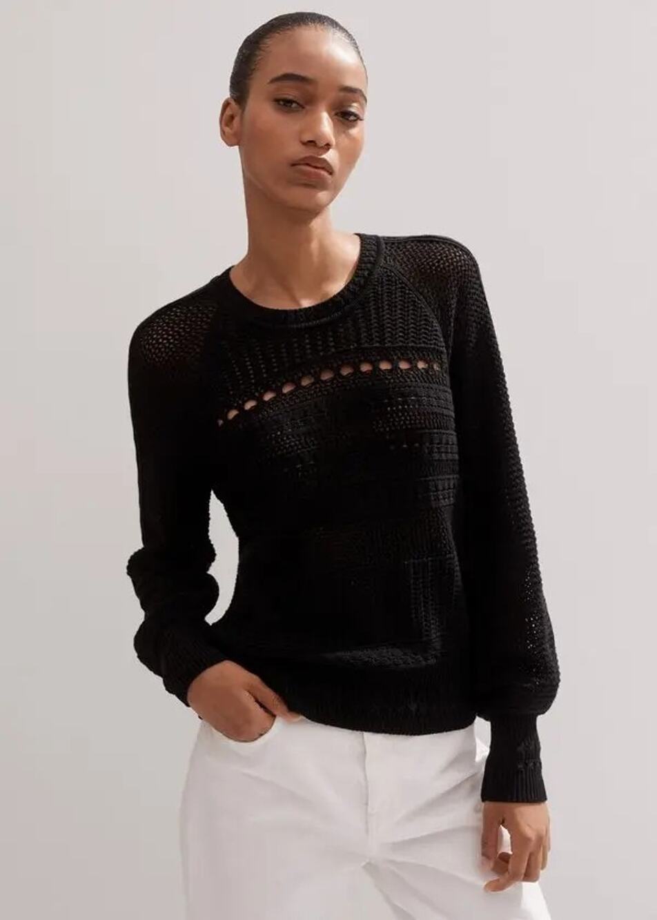 ME + EM Raglan Cotton Lace Stitch Black Sweater Large